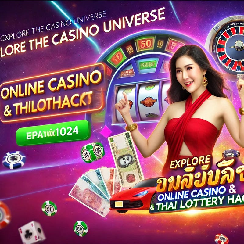 A vibrant banner featuring a smiling woman in a red dress holding Thai Baht currency, promoting TCL99 Thailand’s online casino and Thai lottery hacks. The background includes elements like a slot machine, roulette wheel, dice, and poker chips, with the text ‘Explore the Casino Universe: Online Casino & Thai Lottery Hacks.’ The design exudes excitement and luxury, aimed at attracting Thai players.