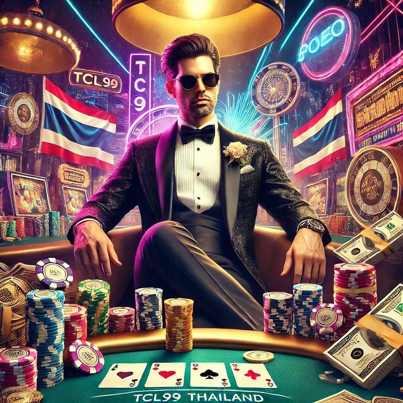 Luxurious casino scene featuring a sophisticated man in a tuxedo sitting confidently at a poker table, surrounded by stacks o