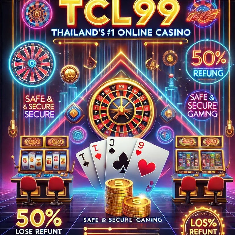 Vibrant banner featuring TCL99, Thailand’s #1 online casino. Showcasing glowing neon lights, a glamorous casino setting with