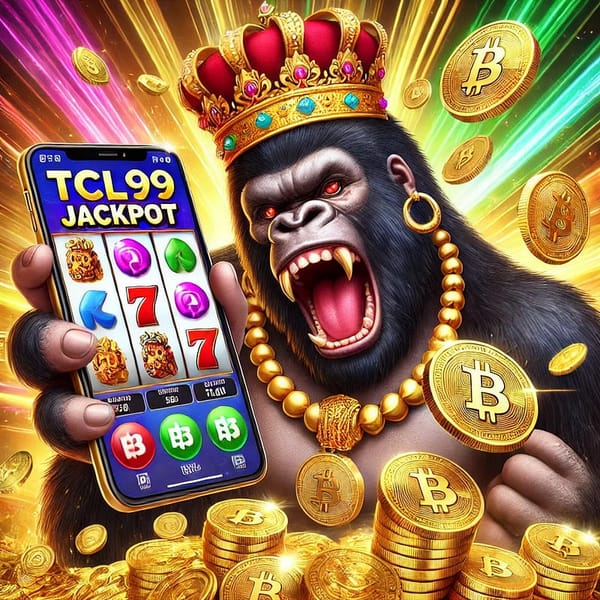 A vibrant promotional image featuring a crowned gorilla holding a smartphone displaying a winning slot game with ‘TCL99 Jackp