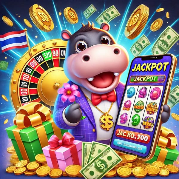 Cartoon-style hippo mascot promoting TCL99 Thailand Online Casino, holding a mobile phone displaying a colorful slot machine