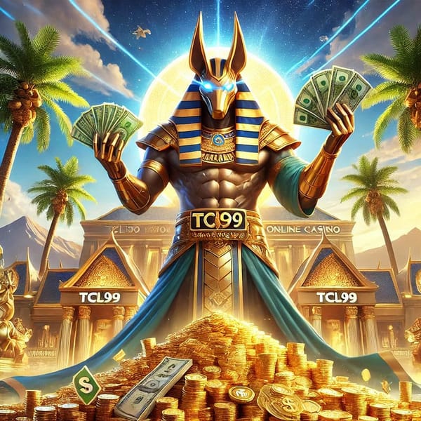 Epic promotional image for TCL99 Thailand Online Casino featuring a powerful Anubis-like figure in golden armor, holding stac